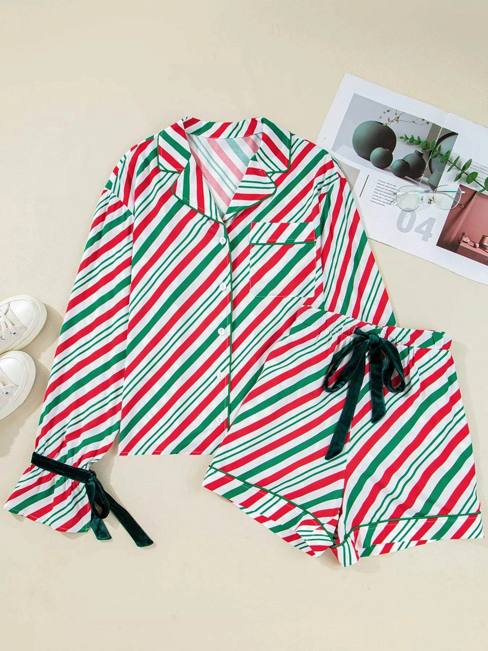 Stripe Contrast Velvet Ribbon Knot Christmas 2pcs Pajama Set