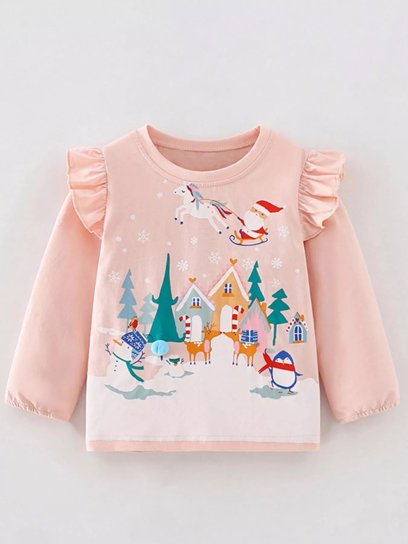Children's Christmas Print Ruffle Long Sleeve T-Shirt