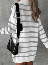 Striped O-ring Zip Collared Loose Sweater Mini Dress