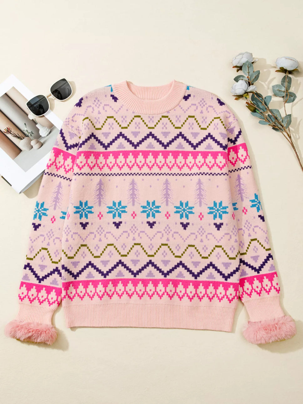 Multicolour Ethnic Christmas Pattern Knit Feather Cuffed Sweater