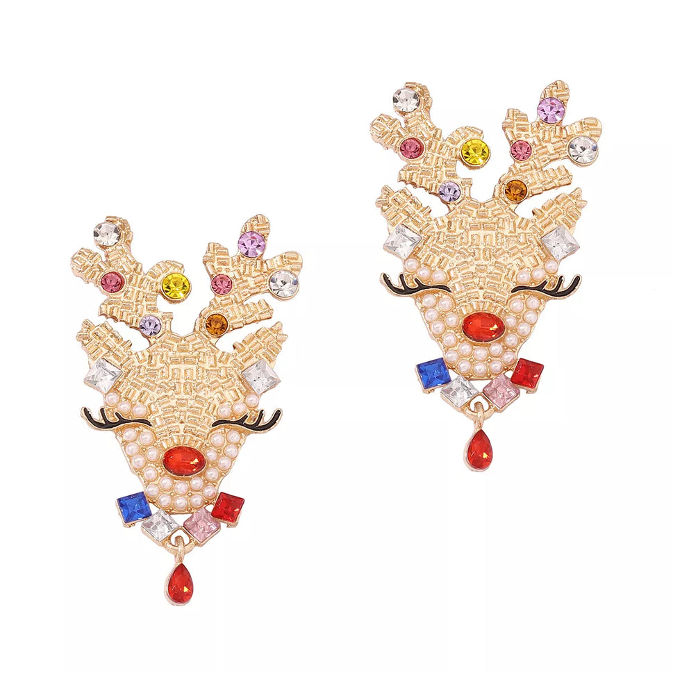 Christmas Reindeer Earrings with Colorful Rhinestones
