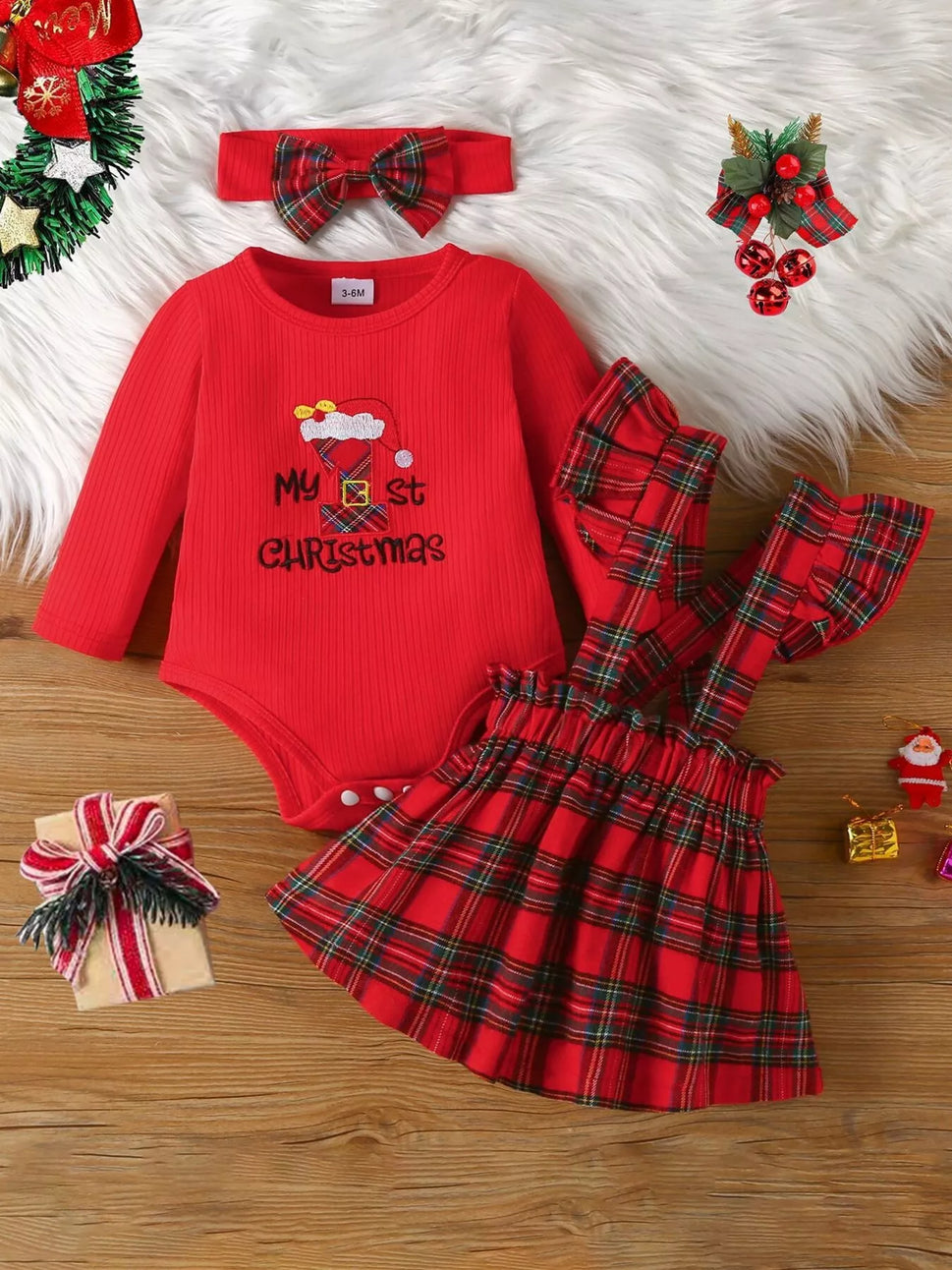 Children's First Christmas Bodysuit and Plaid Dress Outfit Set with Headband