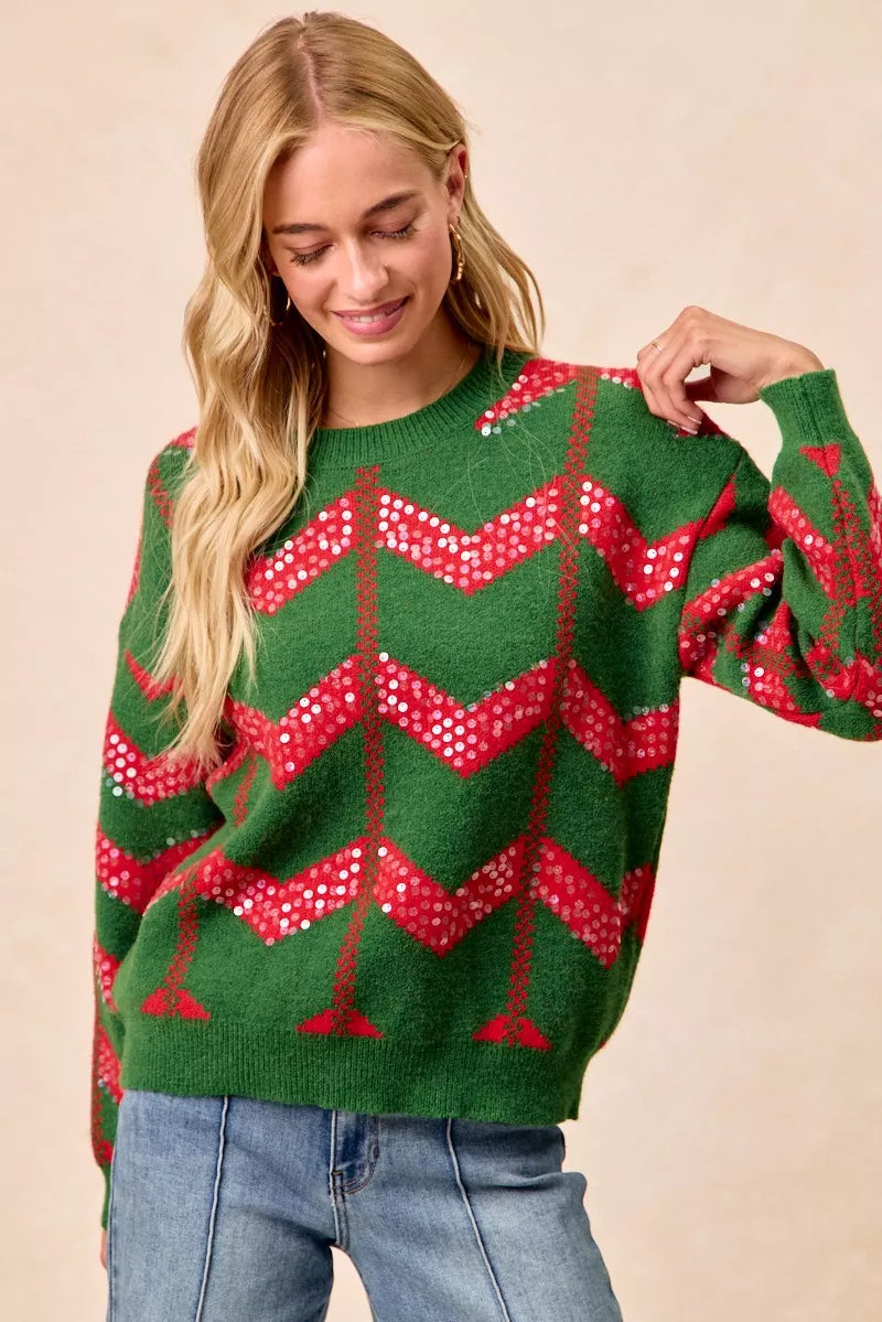BiBi Christmas Theme Chevron Sequins Detail Sweater