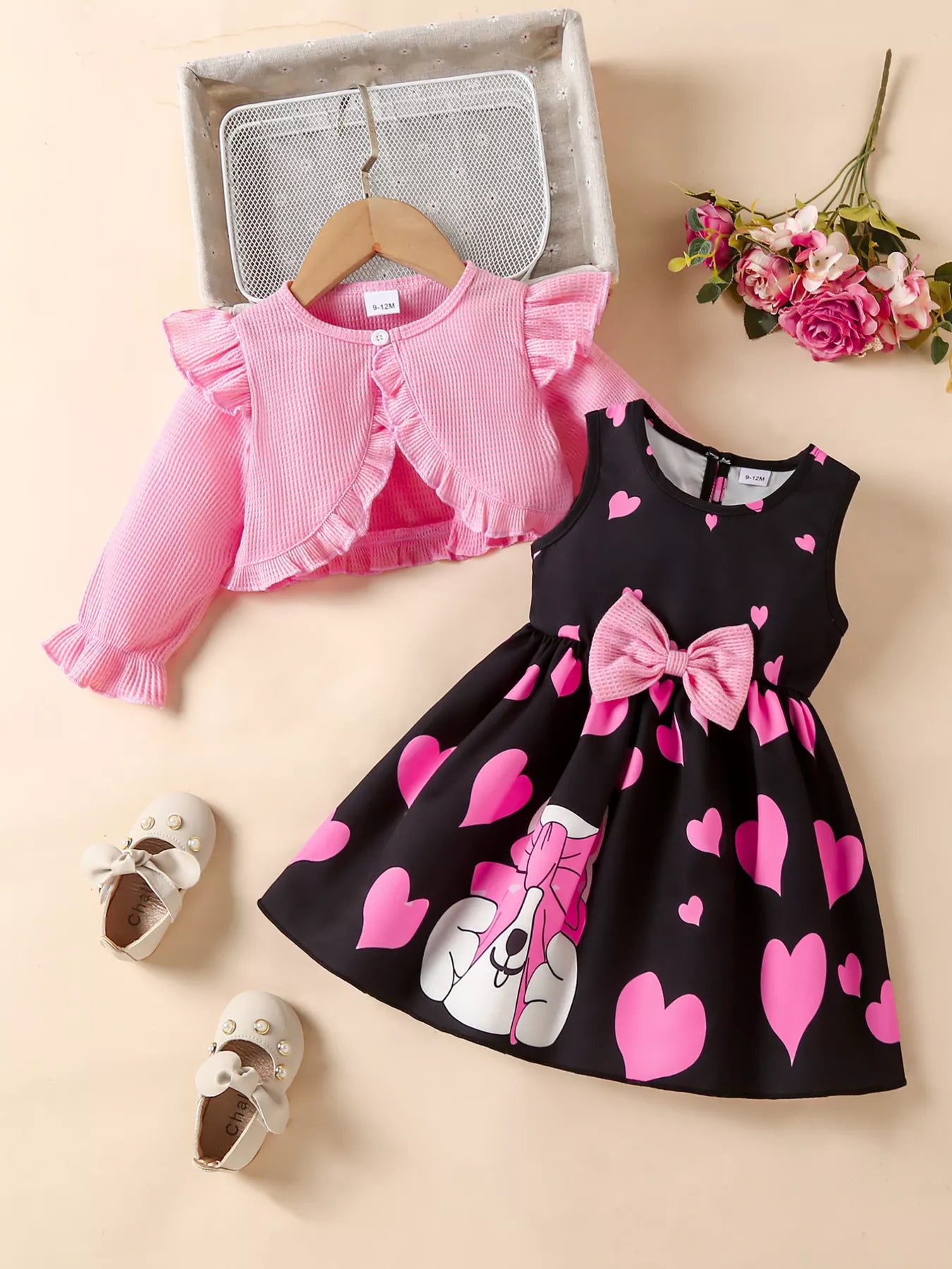 Children's Bow Dress & Ruffle Trim Cardigan Set