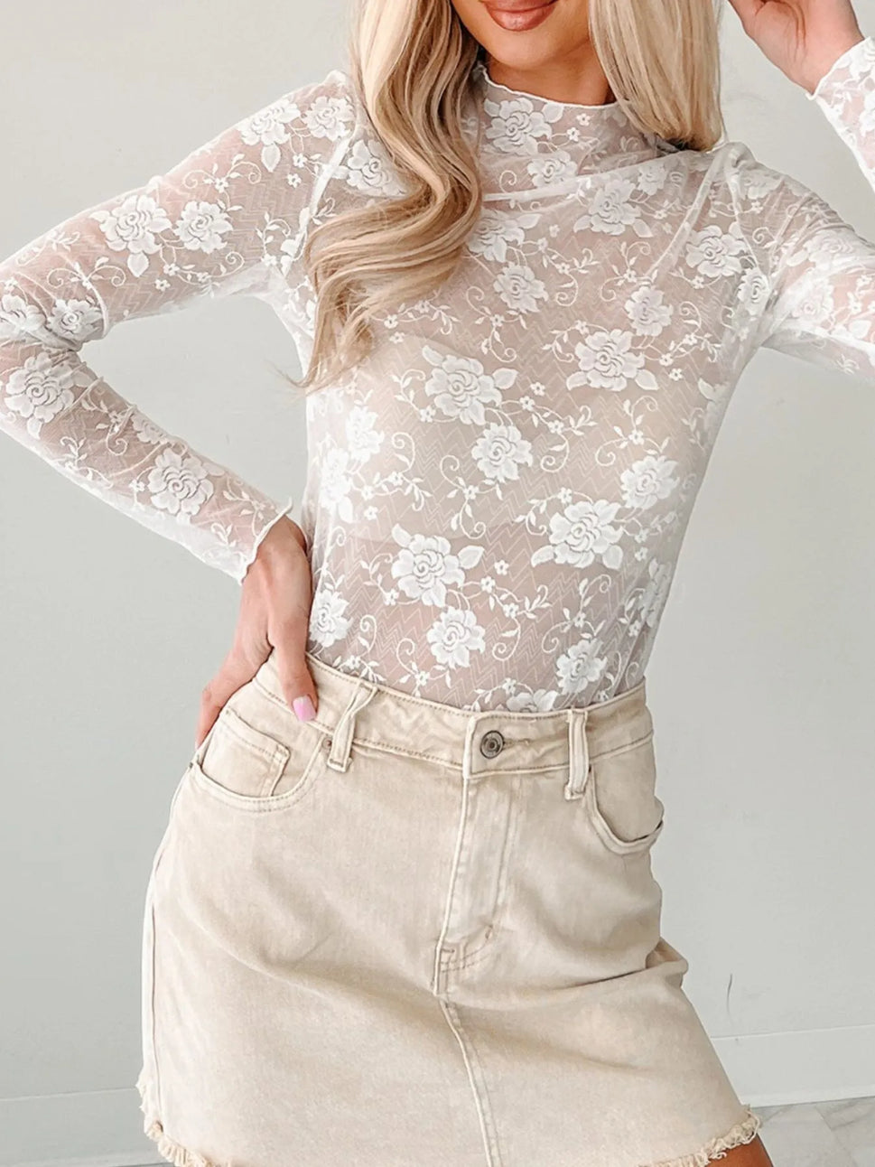 Sheer Floral Lace Mesh Mock Neck Long Sleeve Top