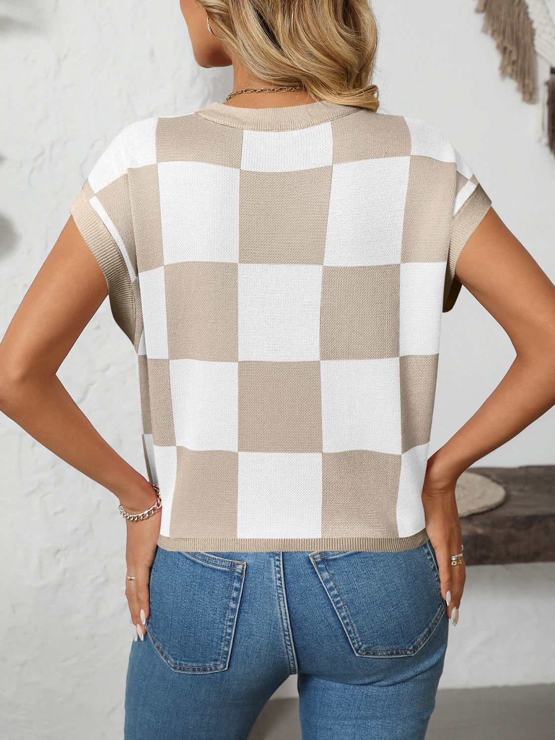 Mandy Checkered Round Neck Cap Sleeve Knit Top