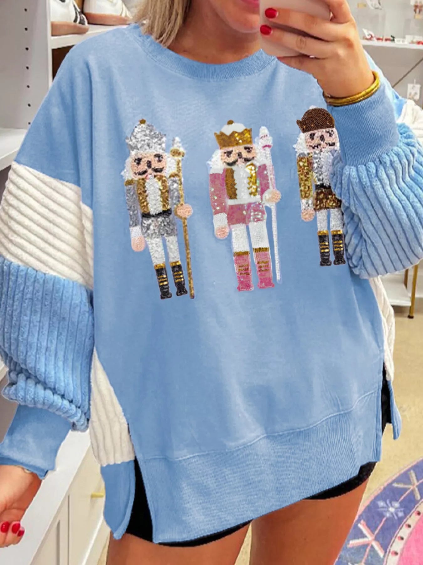 Christmas Sequin Nutcracker Textured Sleeve Patchwork Color Block Sweatshirt