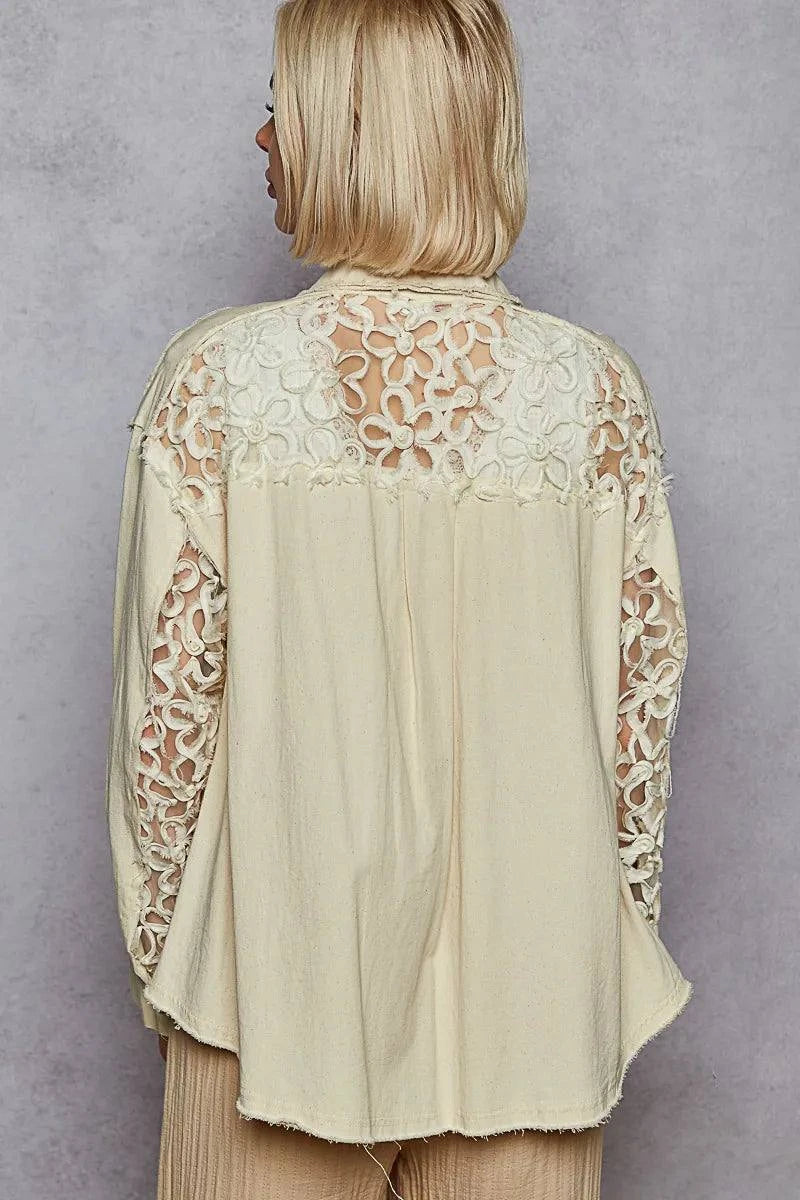 POL Button Down Raw Edg Shirt with Pearl Lace Patch