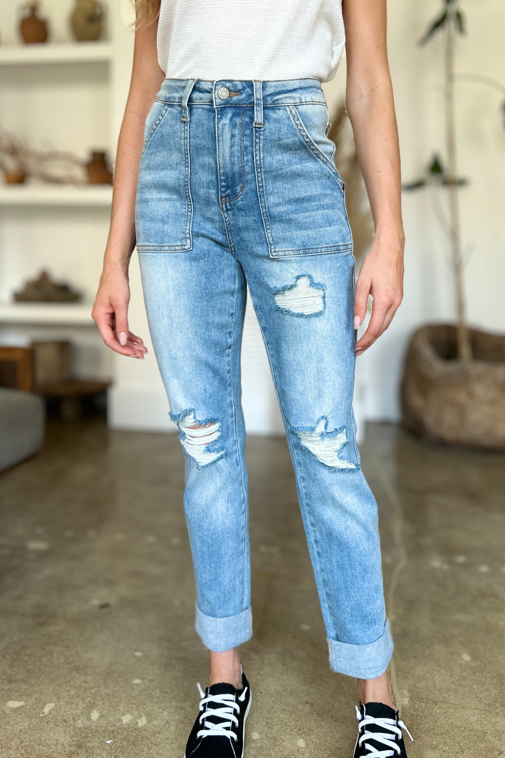 Judy Blue Distressed Straight Jeans with Patch Pockets