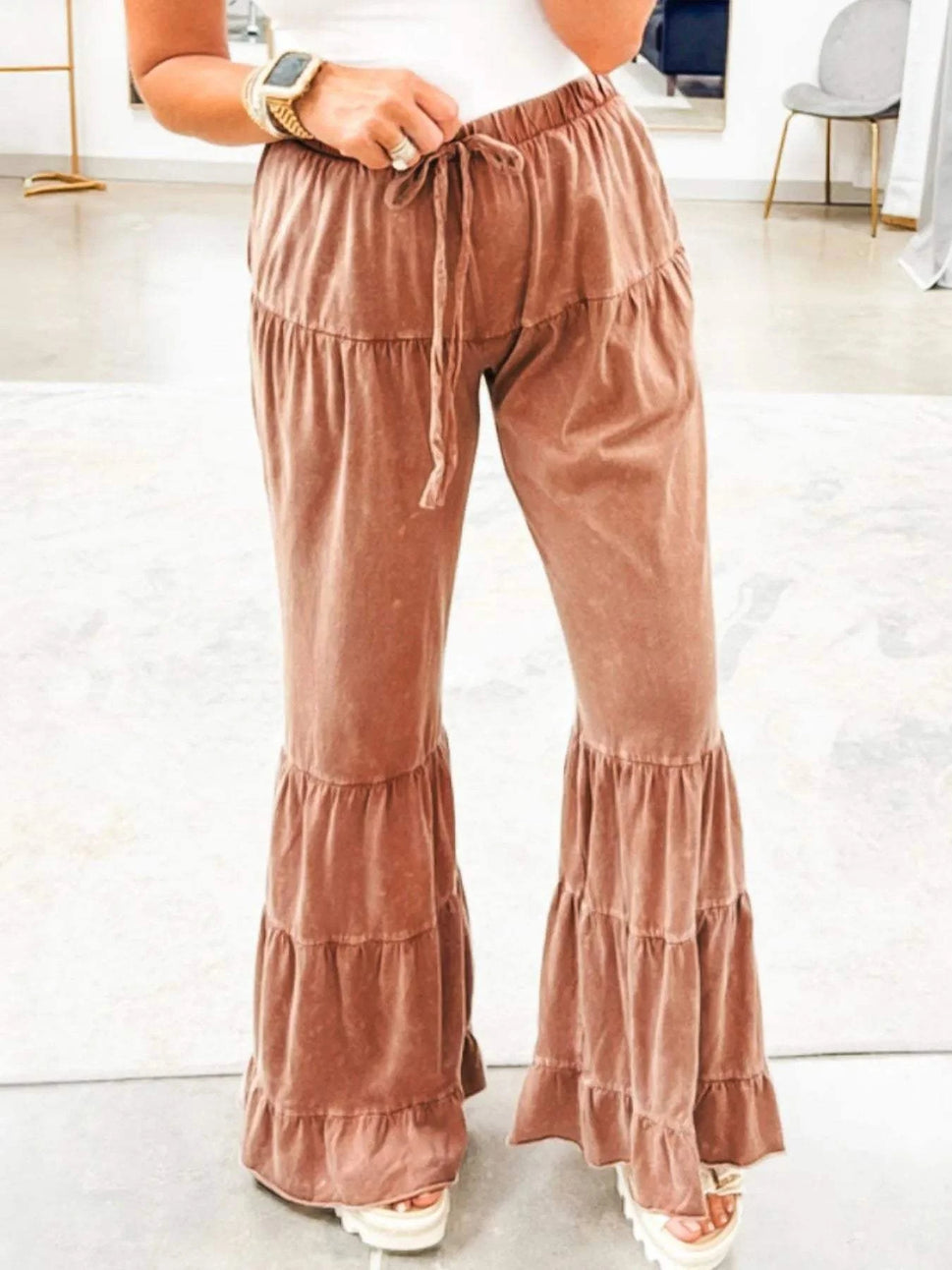 Drawstring Flare Ruffle Pants