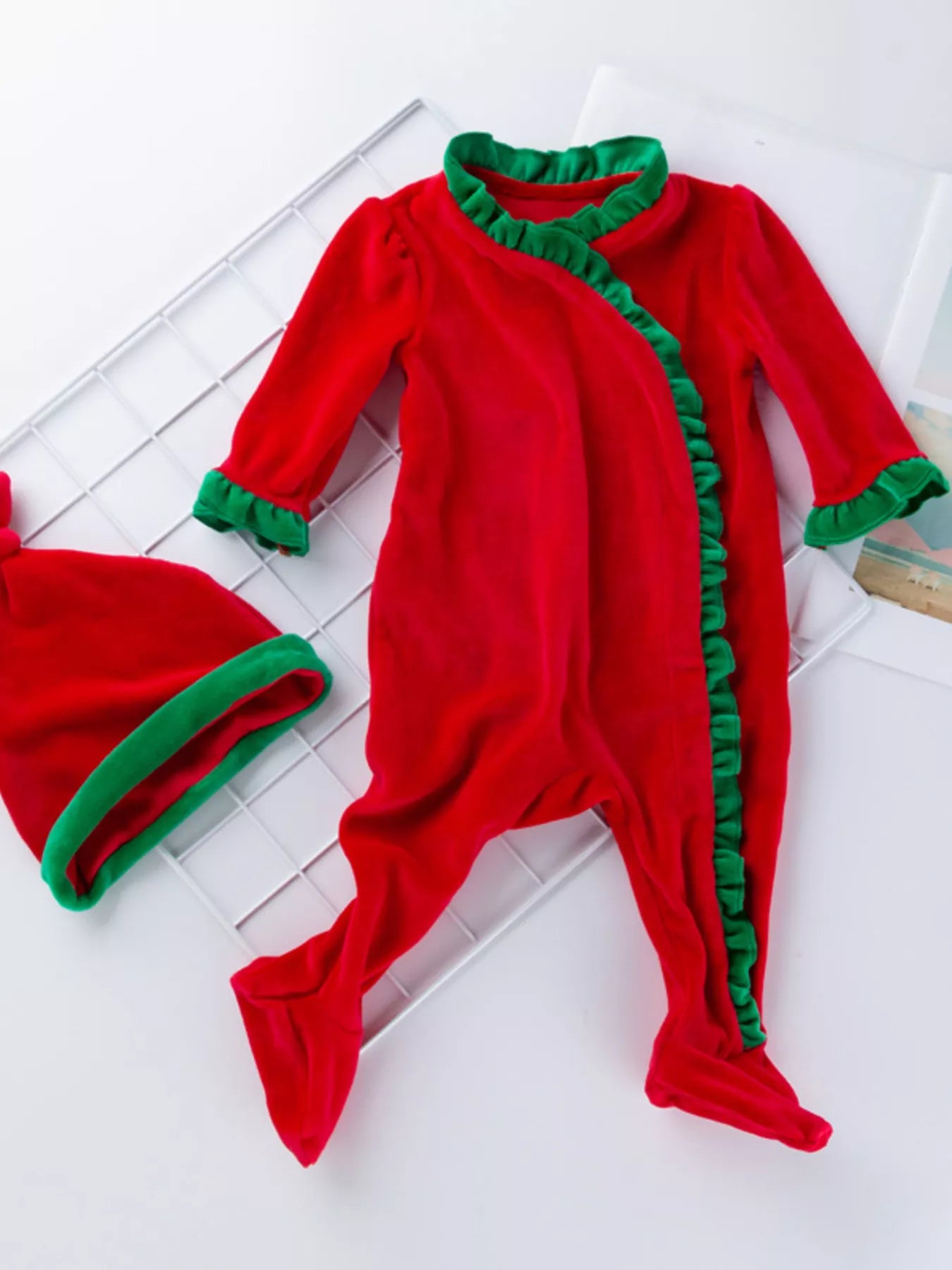 Children's Christmas Velvet One-Piece with Hat