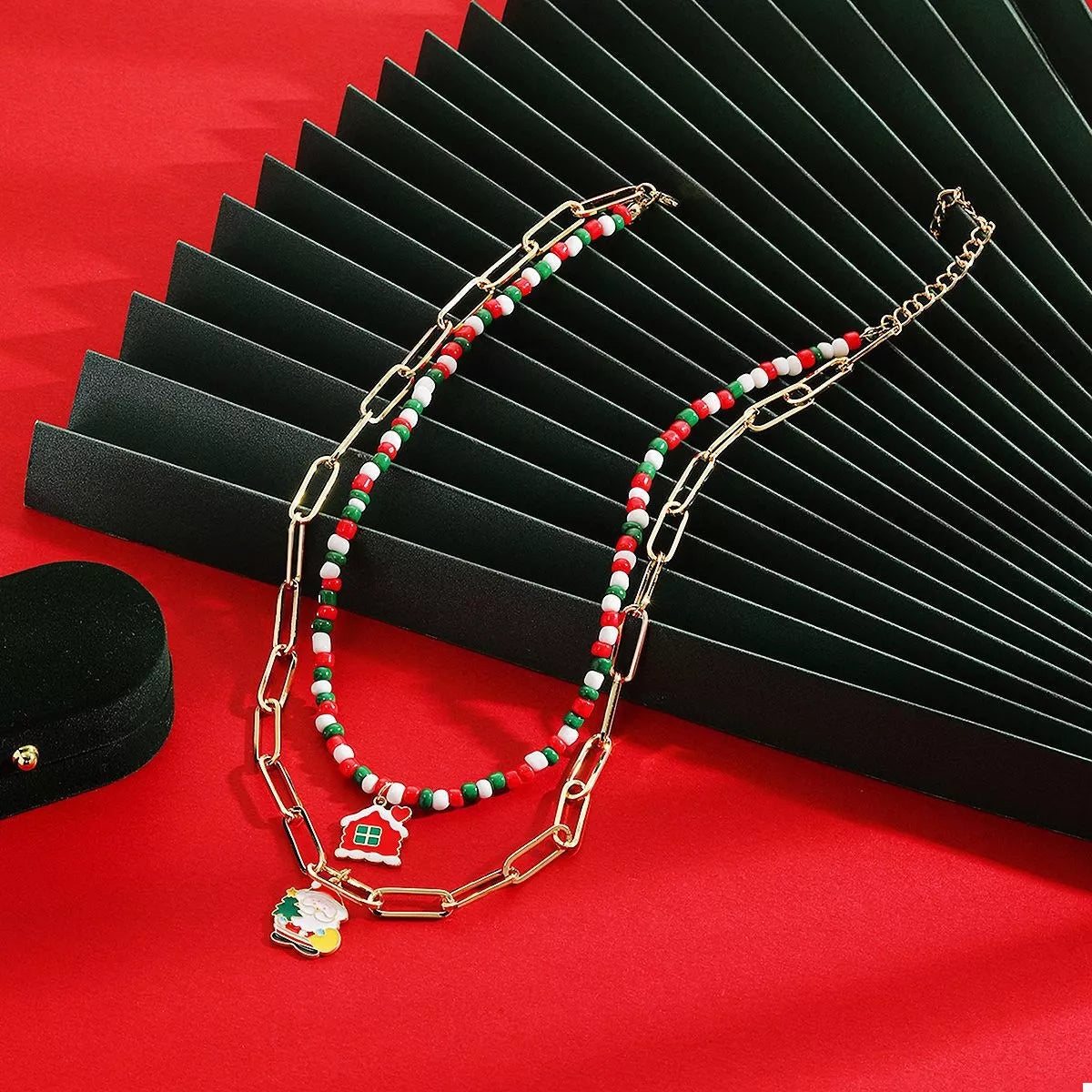 Christmas Double-Layer Necklace with Colorful Beads and Pendant