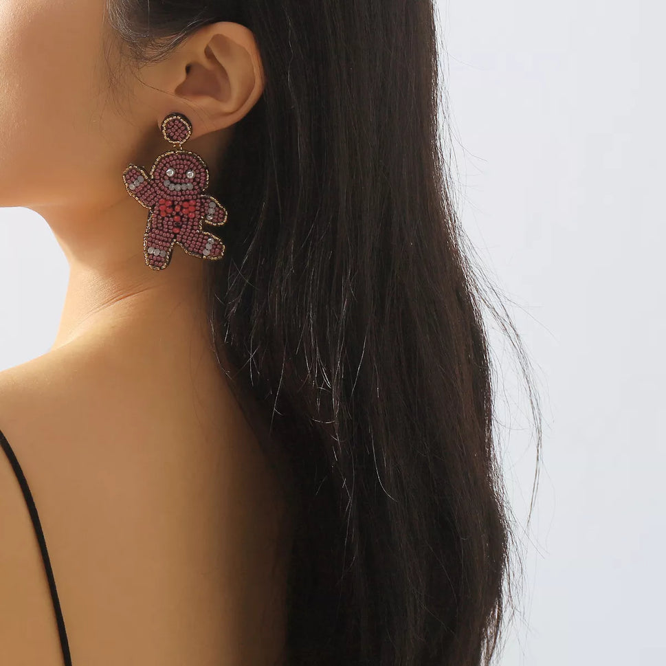 Christmas Gingerbread Man Beaded Dangle Earrings