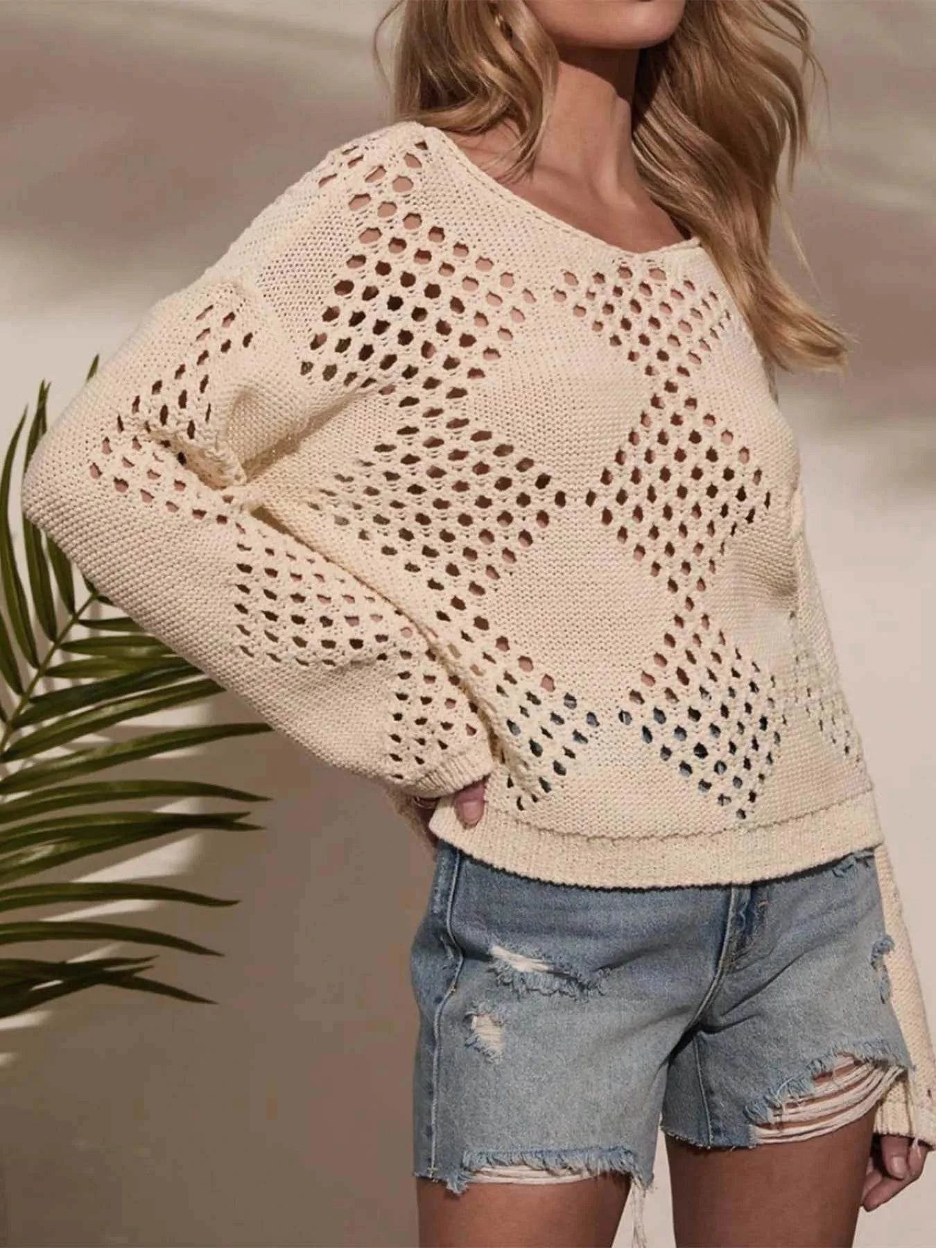 Openwork Boat Neck Long Sleeve Sweater