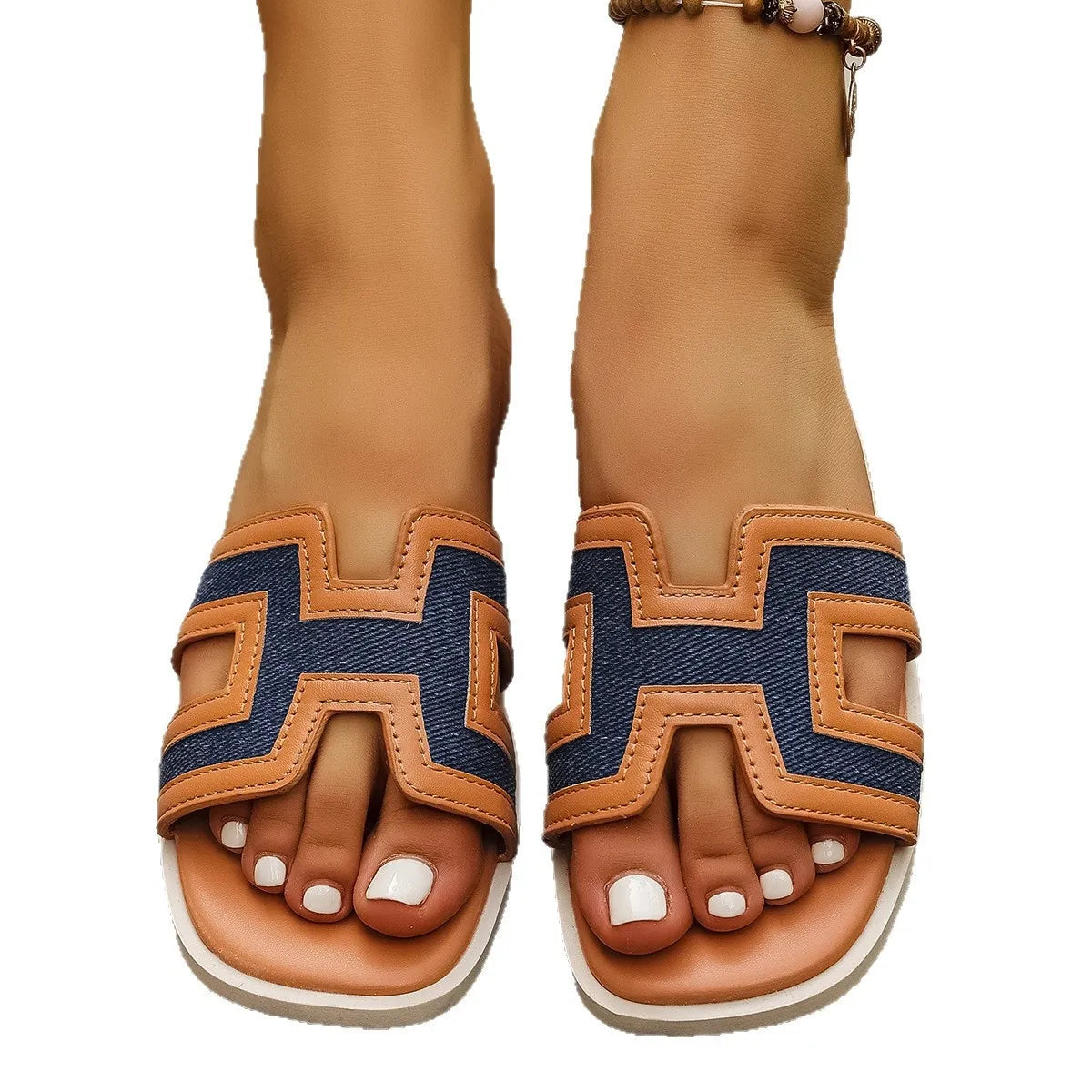 Cutout Slide Sandals with Contrast Trim