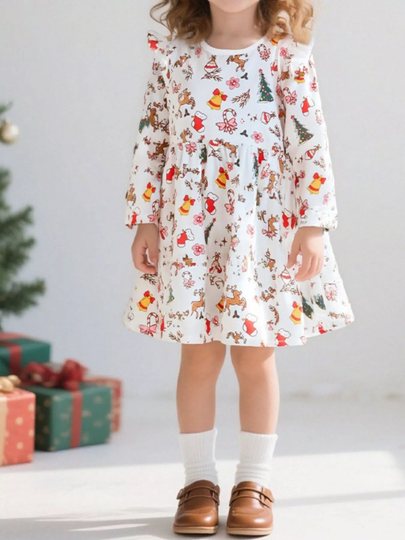 Children's Christmas Print Long Sleeve Dress