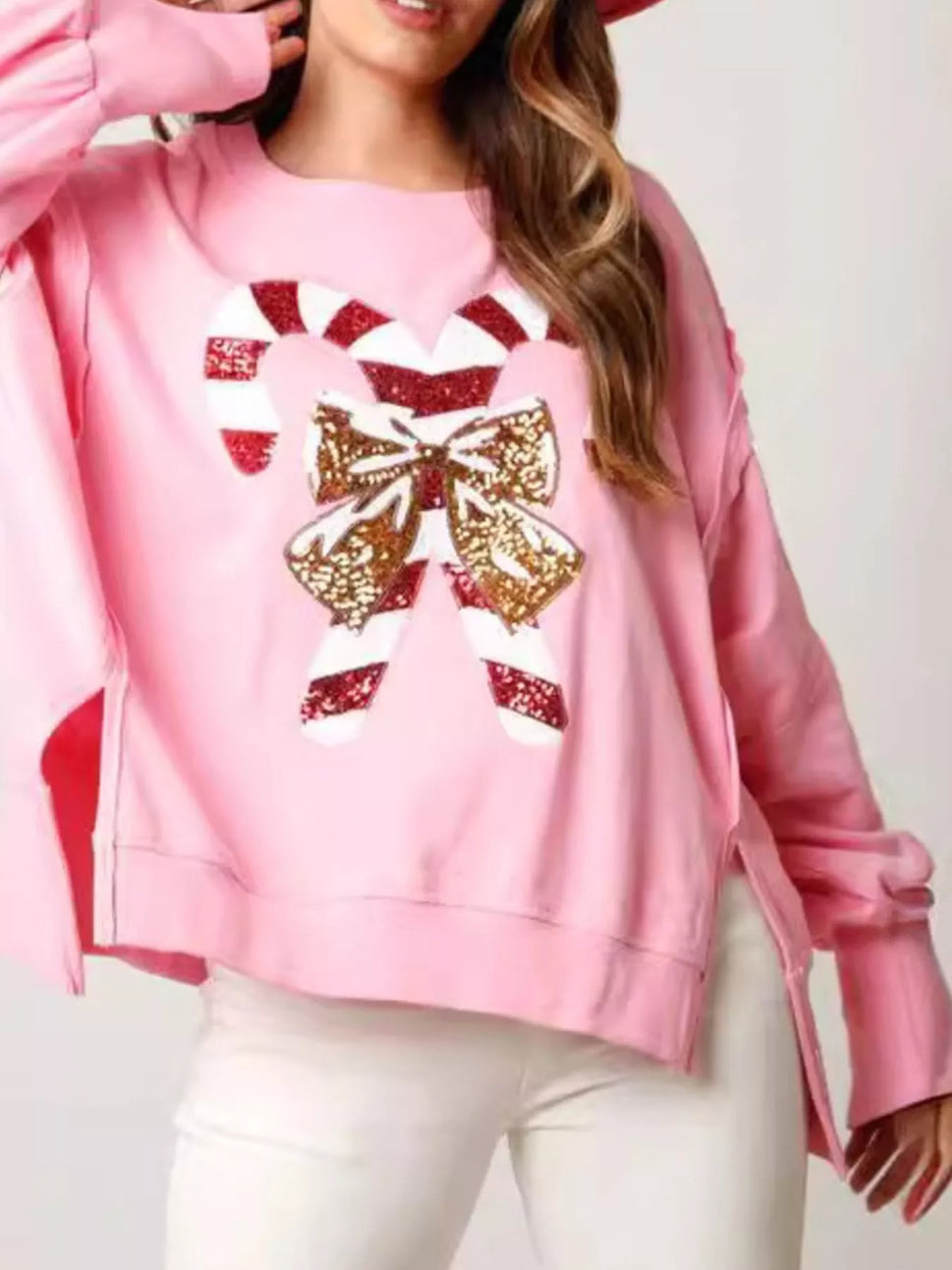 Christmas Candy Cane Bow Dropped Shoulder Sweatshirt
