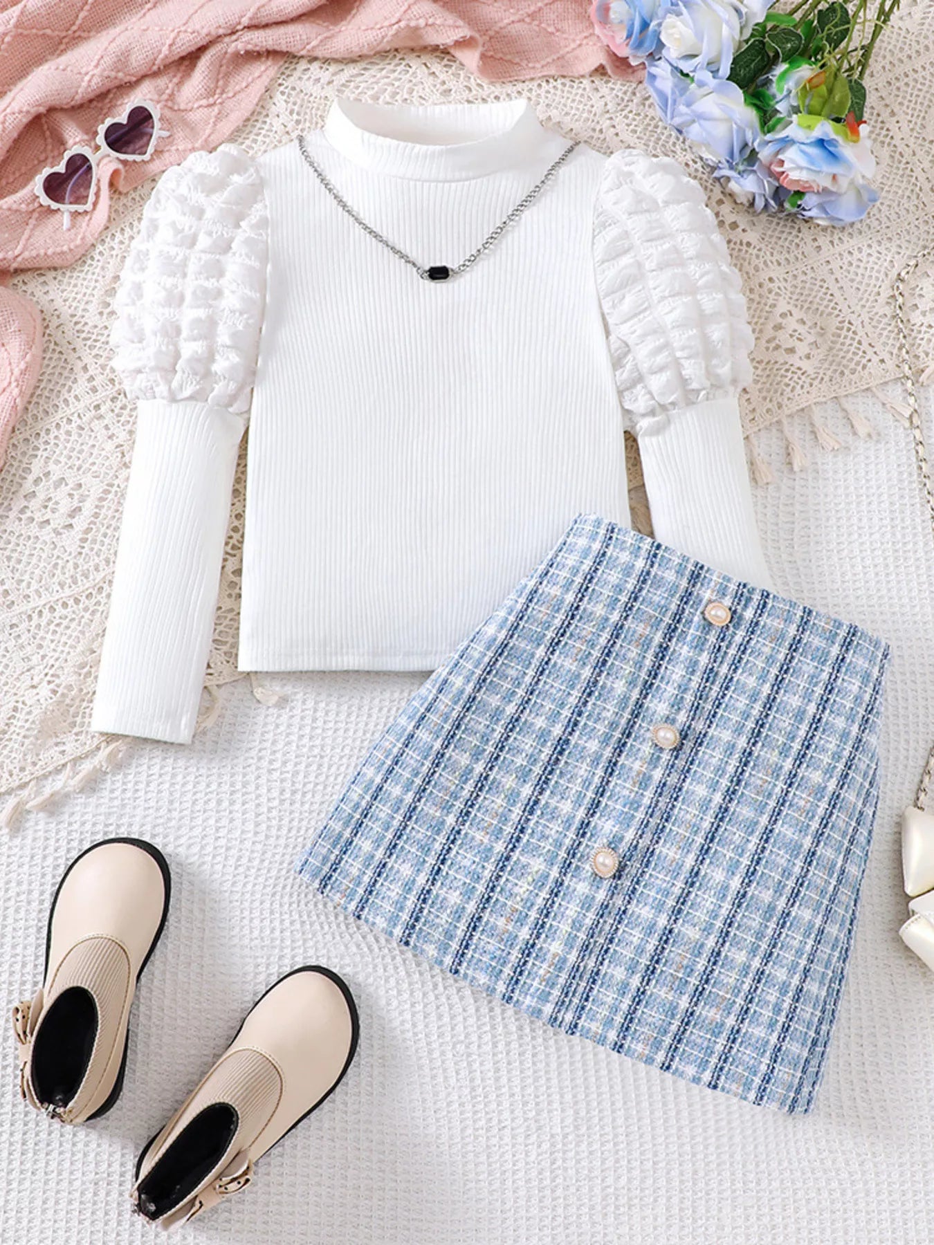 Children's Puff Sleeves Top and Plaid Skirt Set