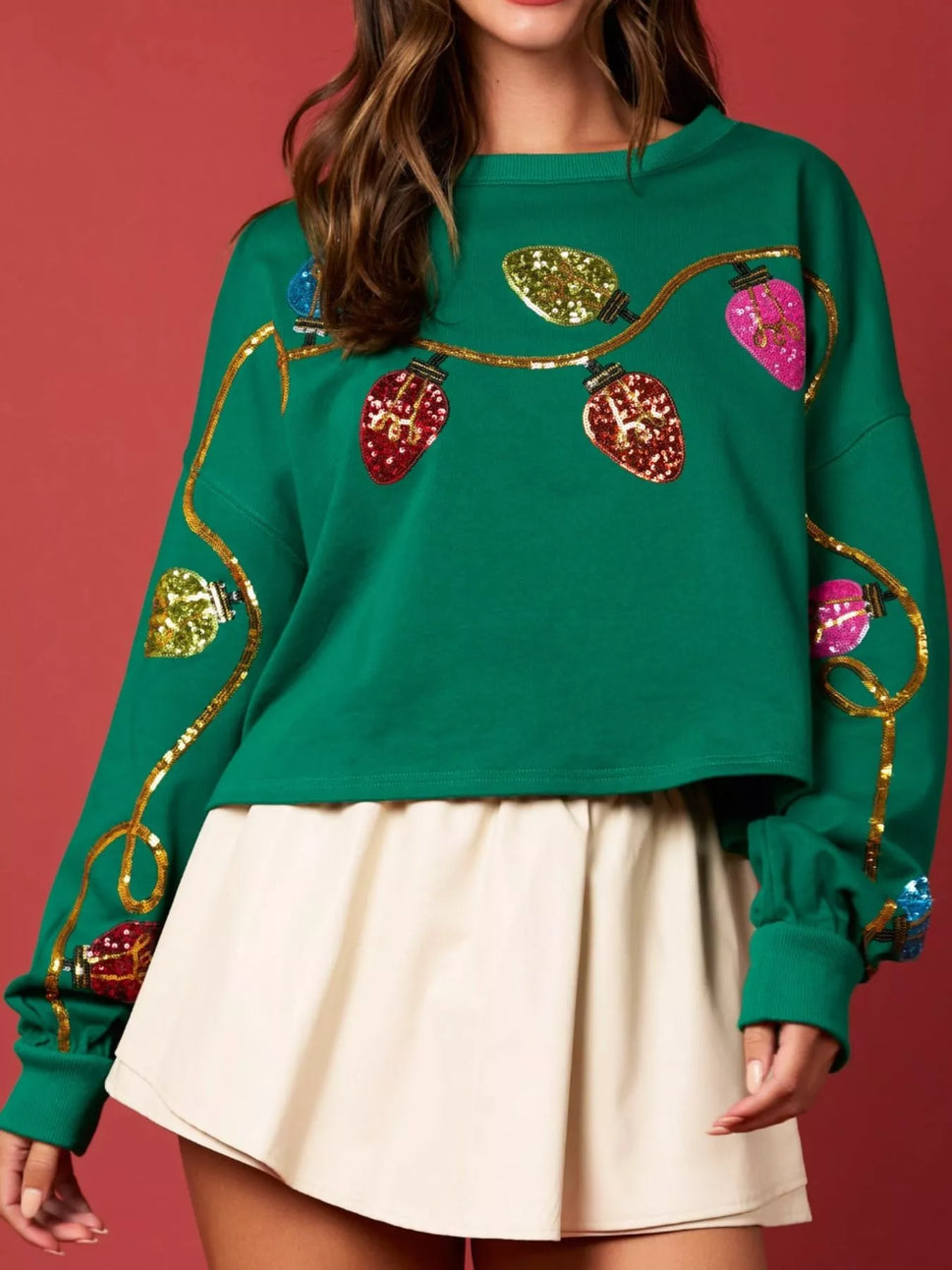 Christmas Holiday Lights Sequin Embellished Sweatshirt