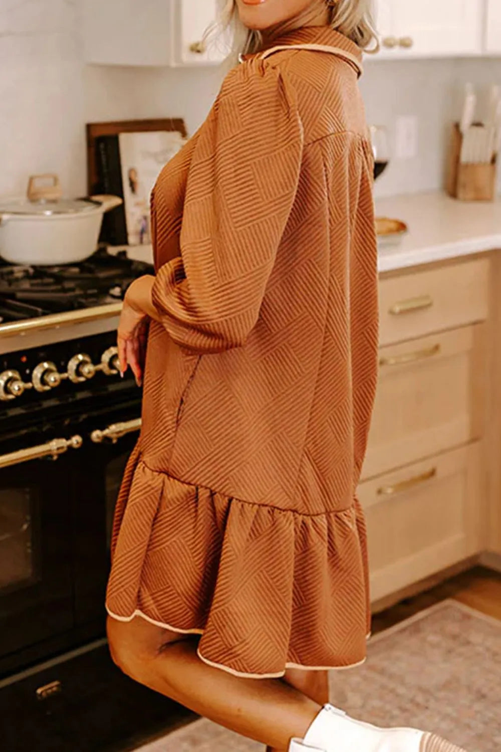 Ruffled Hem Zip Front Texture Dress