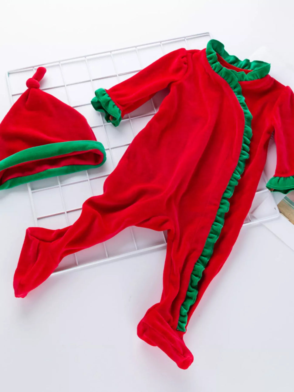Children's Christmas Velvet One-Piece with Hat