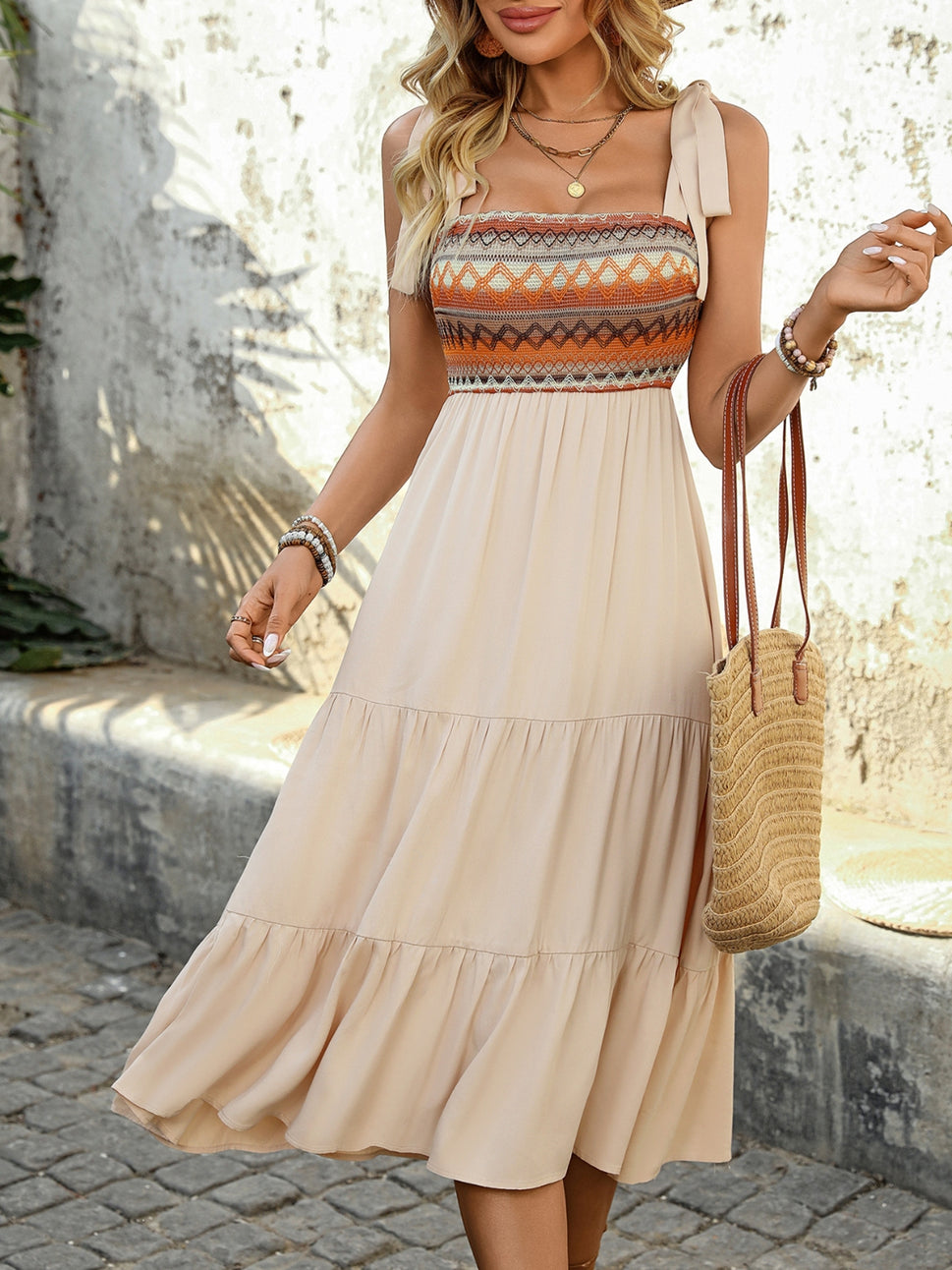 Tie Shoulder Square Neck Tiered Midi Dress