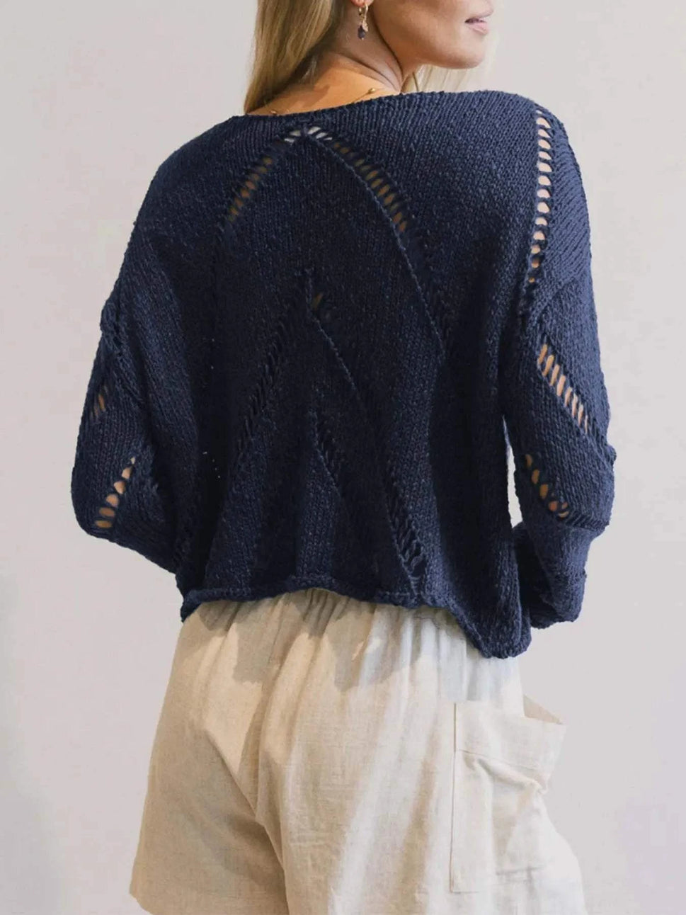 Openwork Boat Neck Long Sleeve Sweater