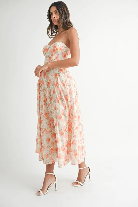 MABLE Sweetheart Neckline Floral Printed Midi Dress