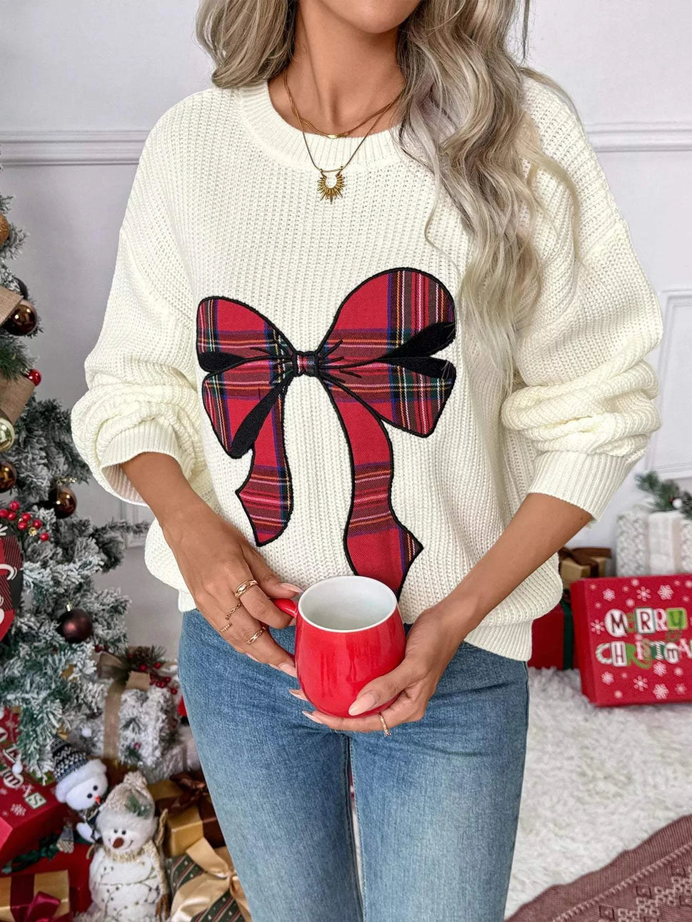 Christmas Bow Dropped Shoulder Sweater