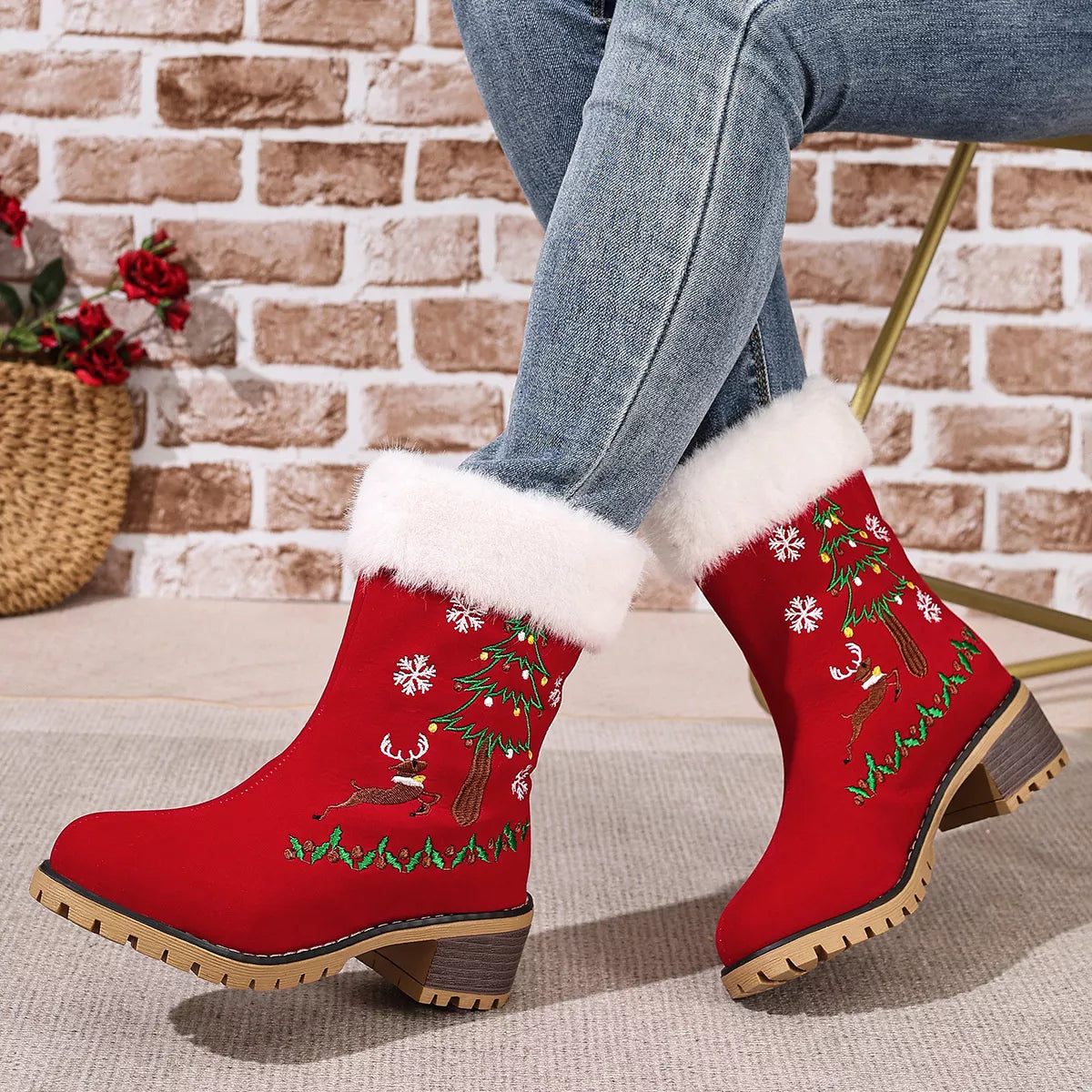 Christmas Embroidered Block Heel Ankle Boots
