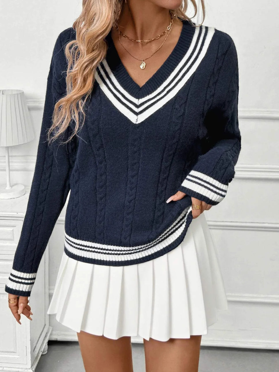 Contrast Striped V-Neck Sweater