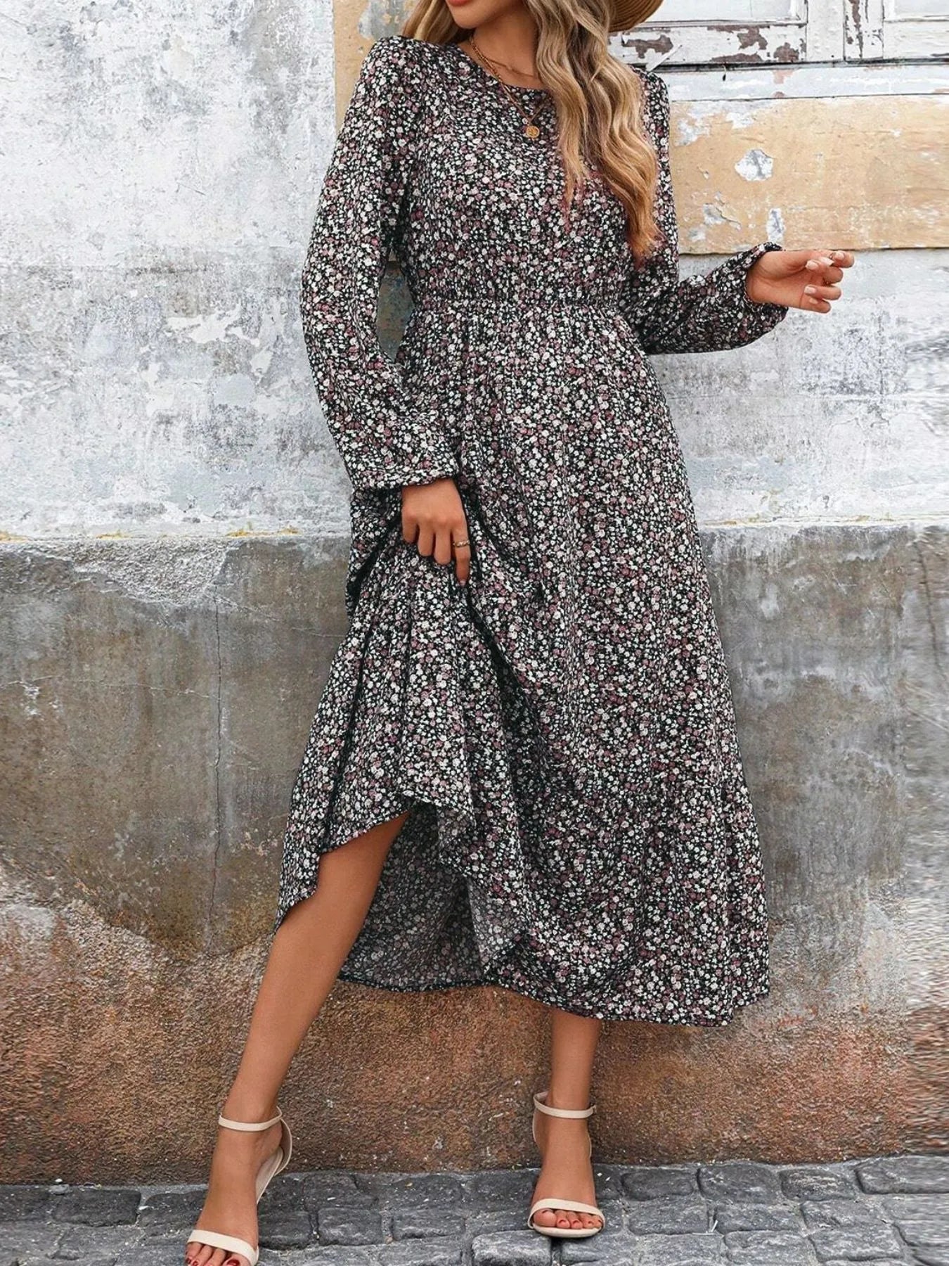 Printed Long Sleeve Midi Dress with Elastic Waist