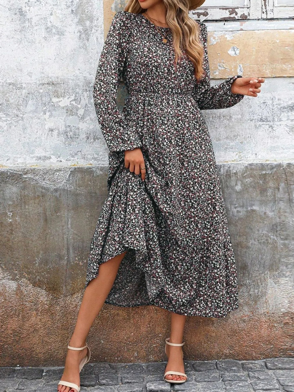Printed Long Sleeve Midi Dress with Elastic Waist