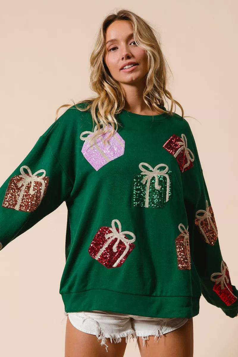 BiBi Sequin Christmas Gift Box Embroideries Pullover