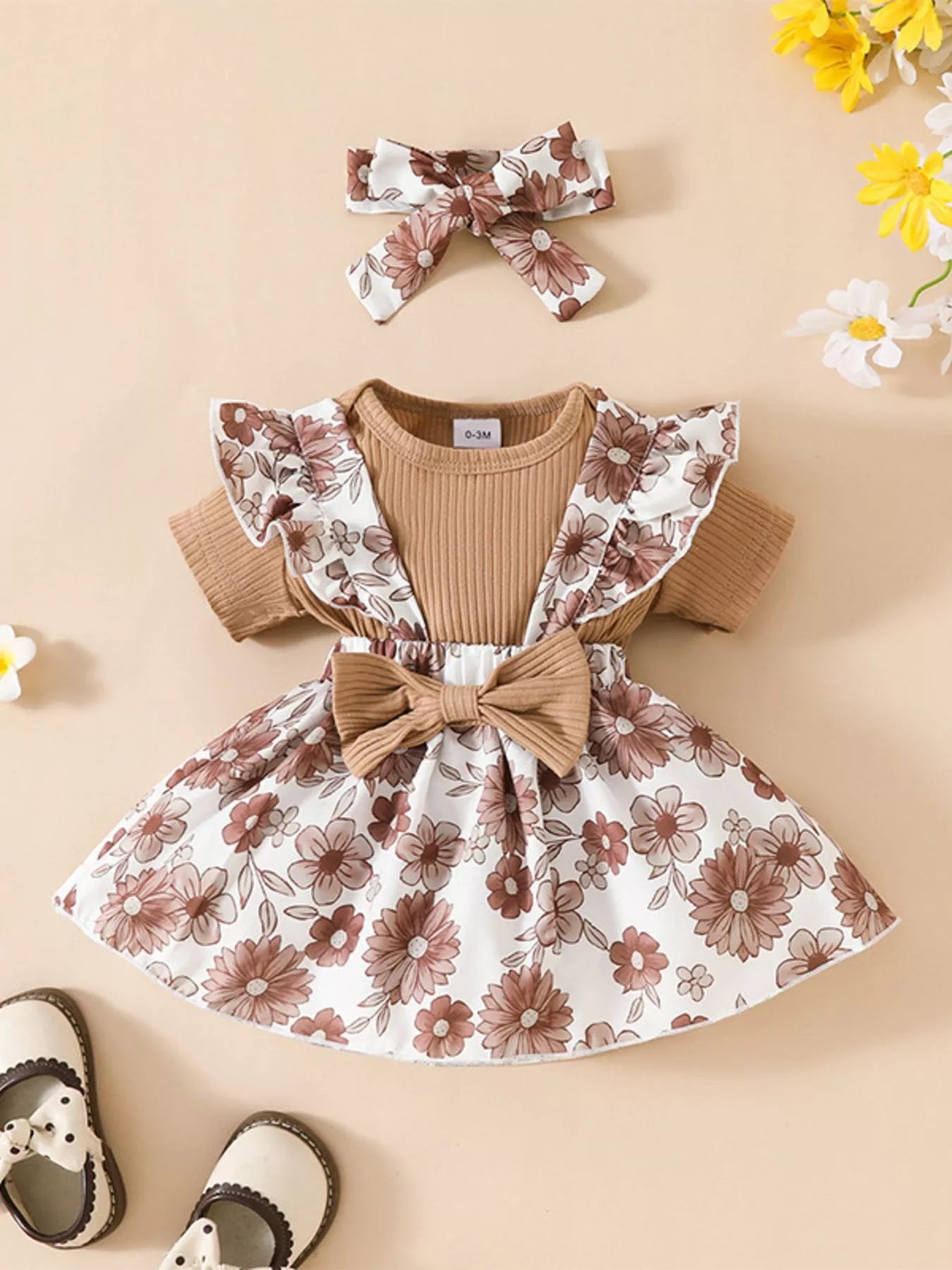 Children's Floral Print Ruffle Trim Baby Set with Headband