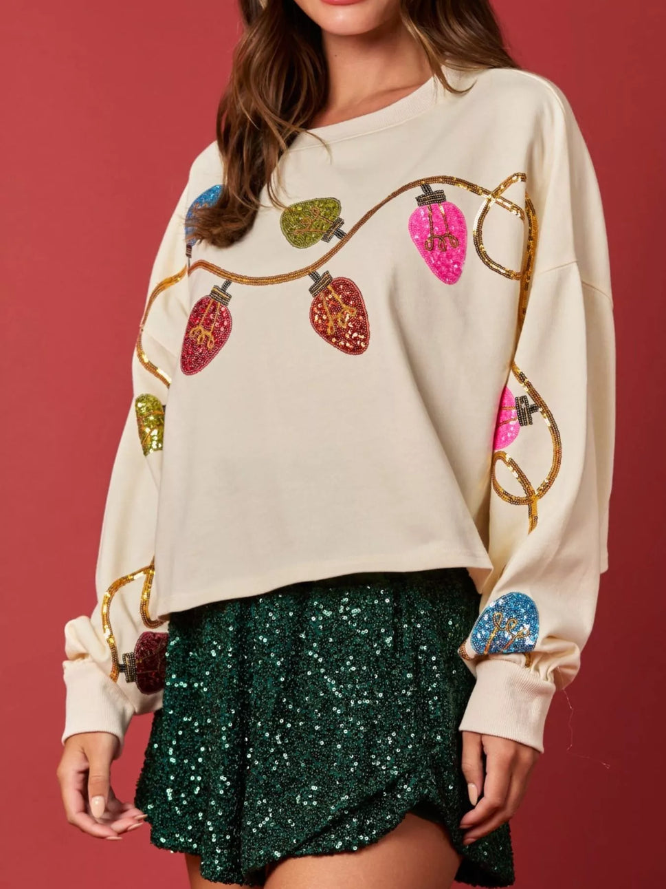 Christmas Holiday Lights Sequin Embellished Sweatshirt