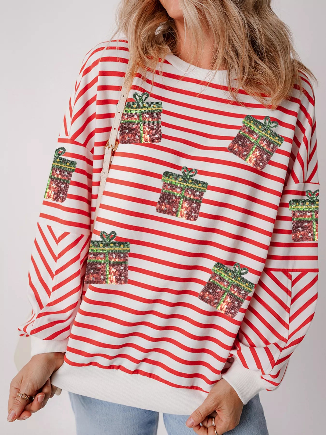 Stripe Sequin Christmas Gift Patched Drop Shoulder Sweatshirt