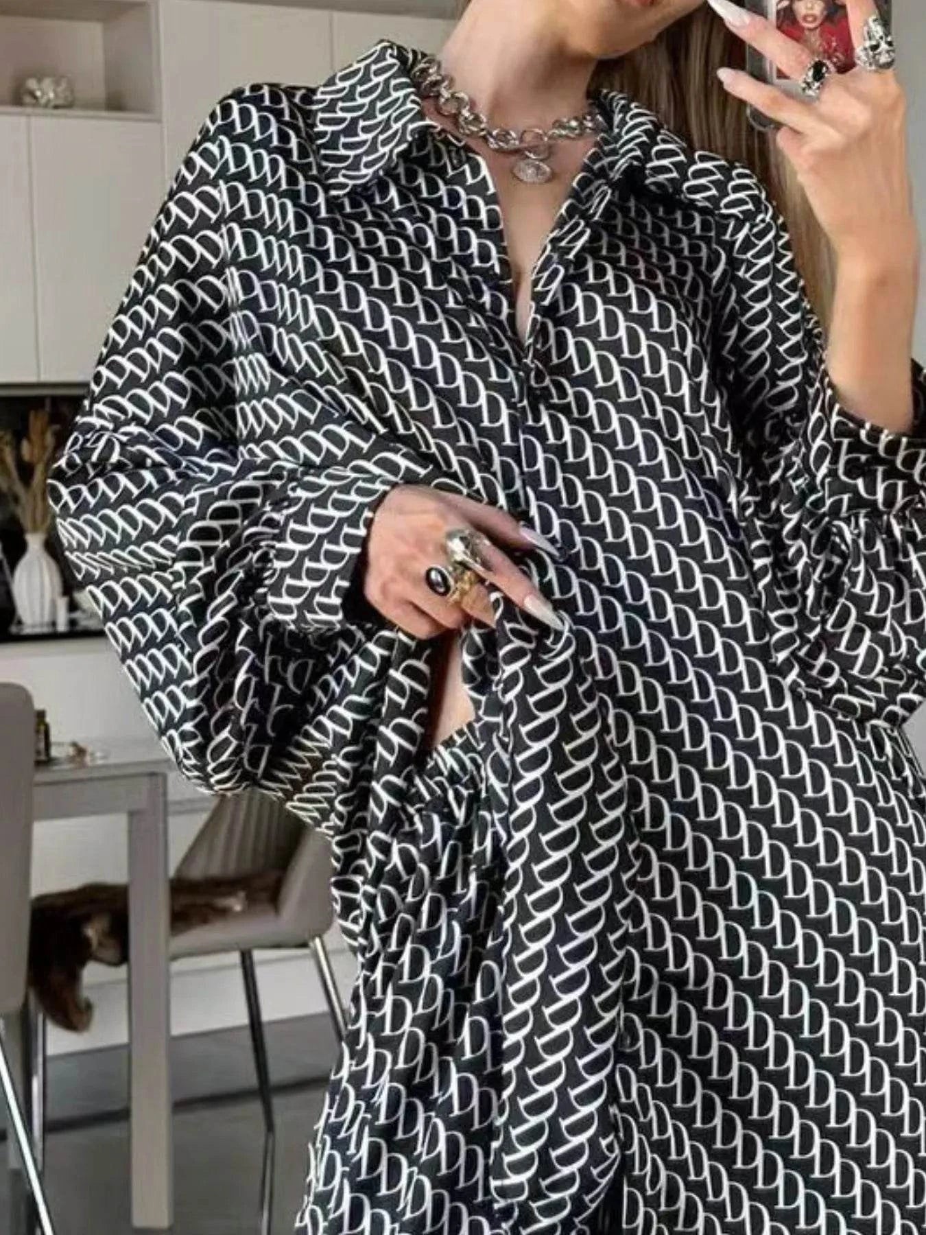 Printed Button Up Shirt and Pants Set