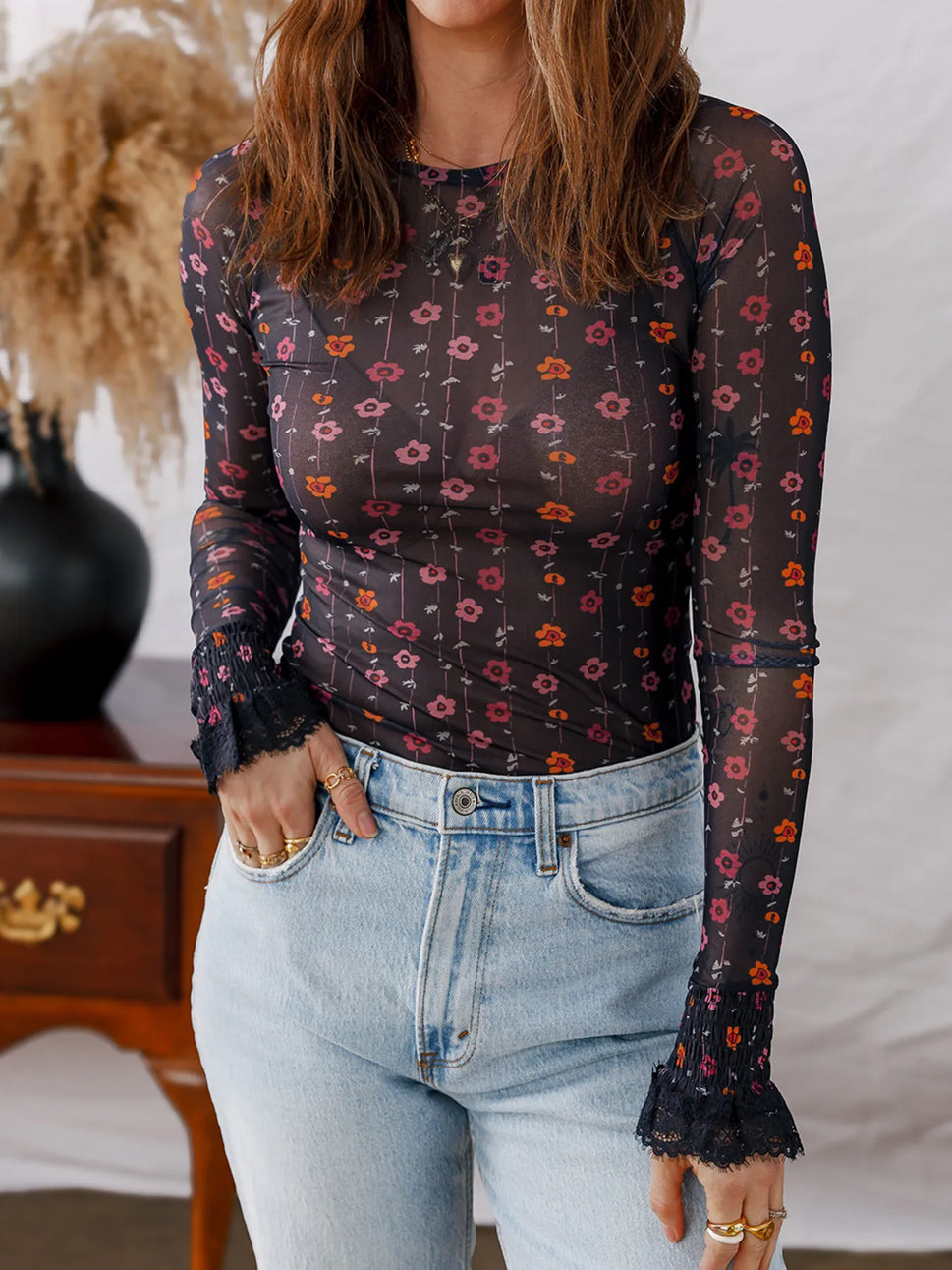 Floral Print Smocked Cuff Slim Fit Mesh Bodysuit