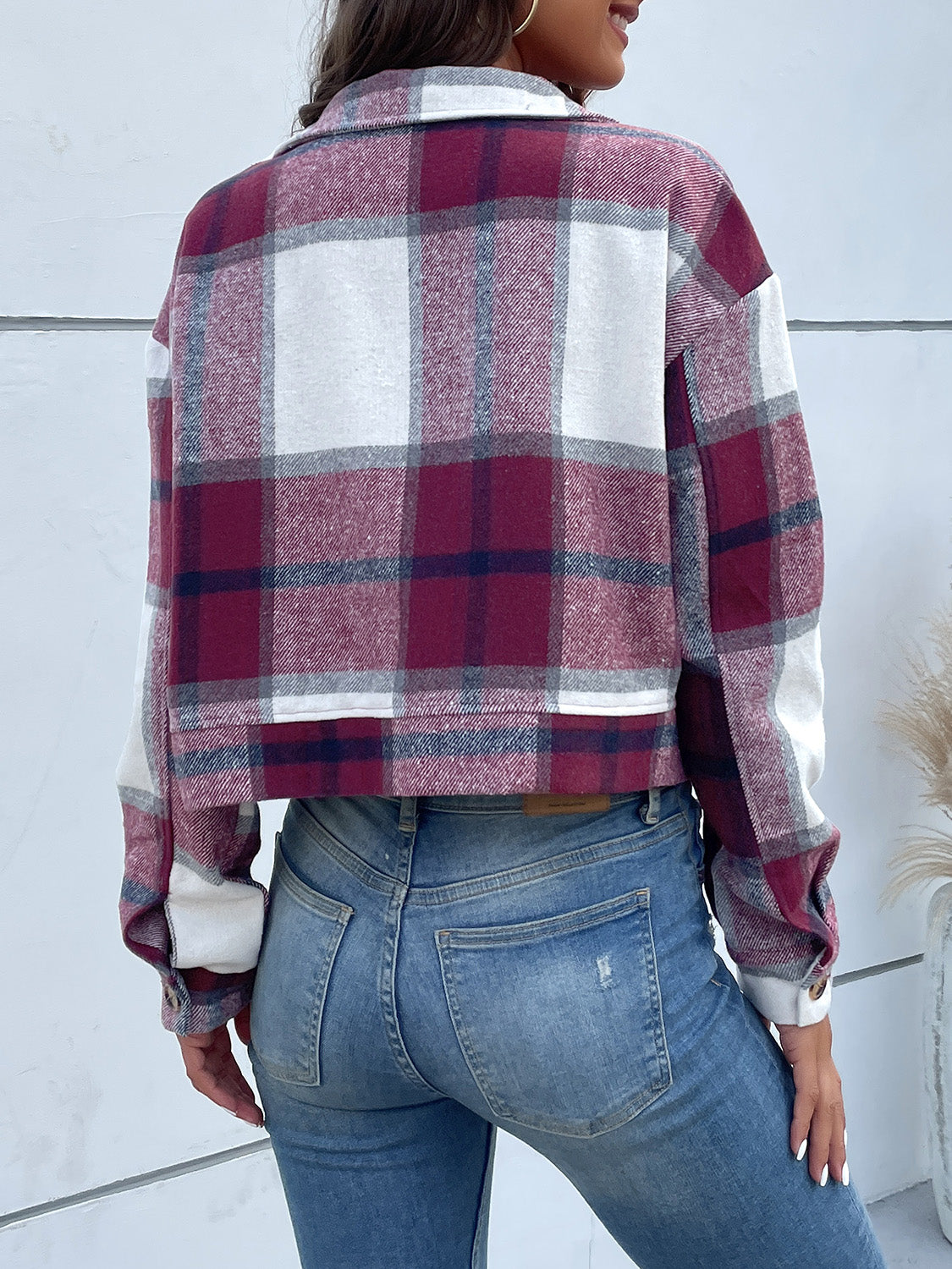 Perfee Plaid Button Up Drop Shoulder Cropped Jacket