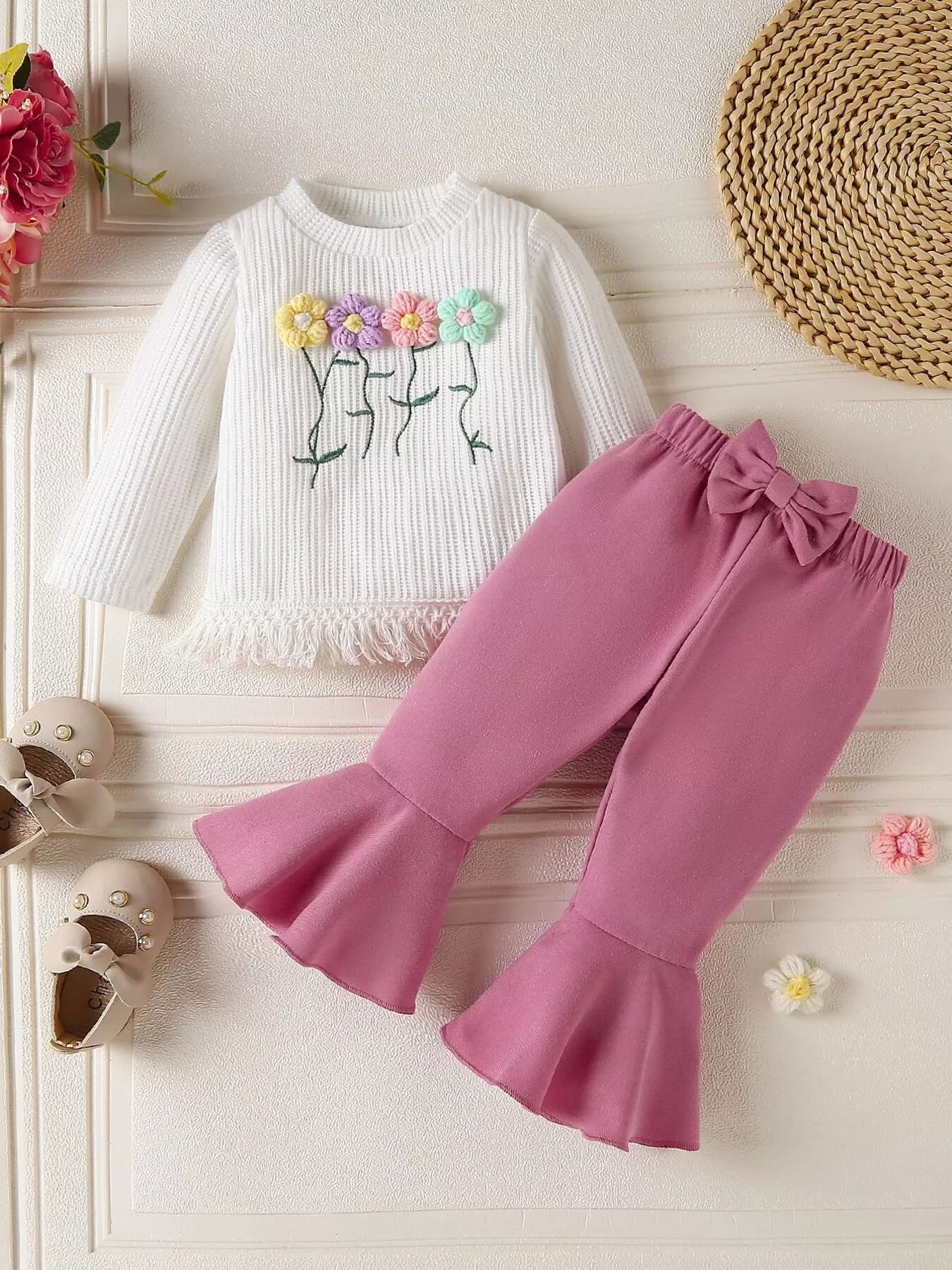 Children's Floral Applique Ribbed Top & Flare Leg Pants Set