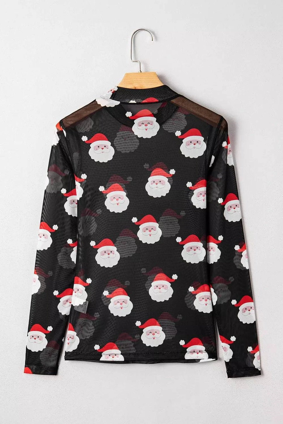 Christmas Santa Print Mesh Long Sleeve Top
