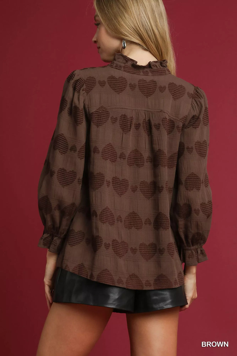 Umgee Heart Jacquard Ruffle Trim Shirt
