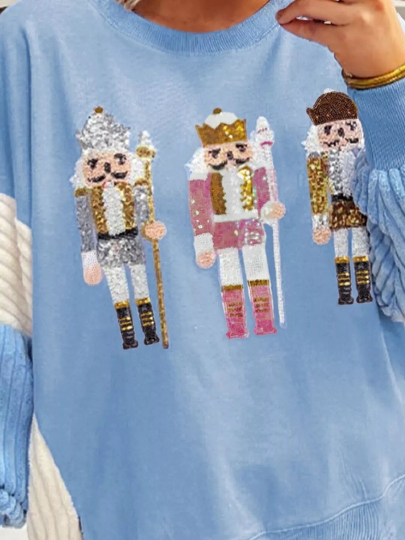 Christmas Sequin Nutcracker Textured Sleeve Patchwork Color Block Sweatshirt