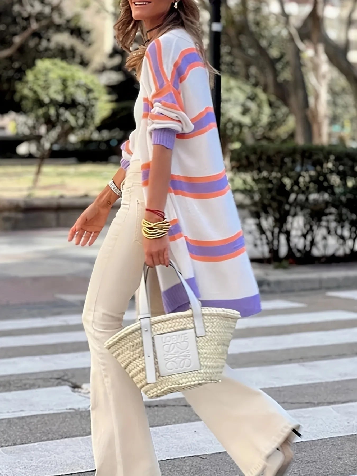 Striped Open Front Longline Cardigan