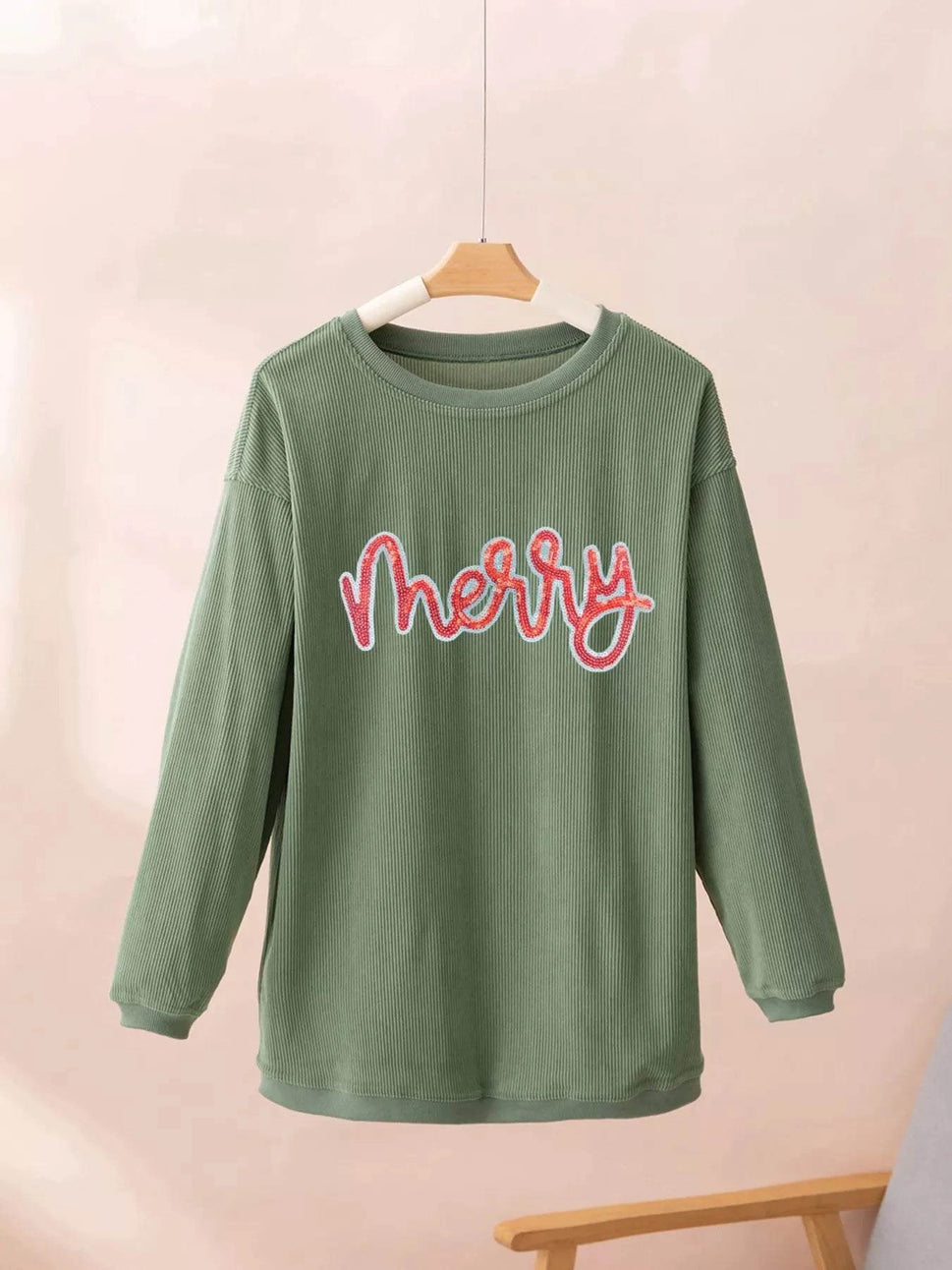 Merry Letter Christmas Sequined Twisted Ribbed Sweatshirt