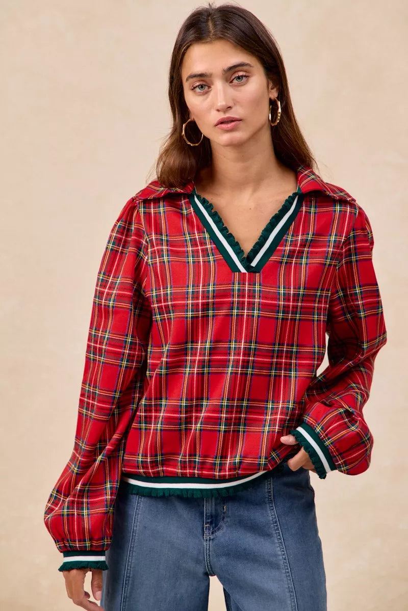 BiBi Christmas Plaid Collared Top with Ruffled Detail