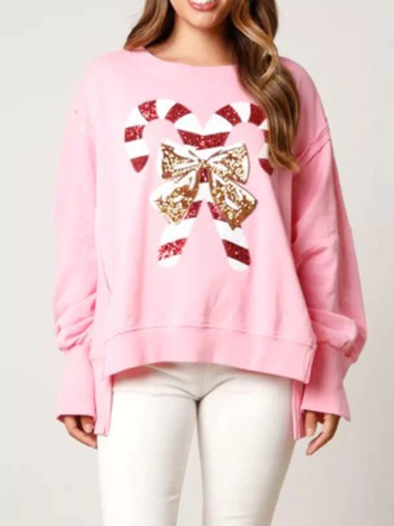 Christmas Candy Cane Bow Dropped Shoulder Sweatshirt