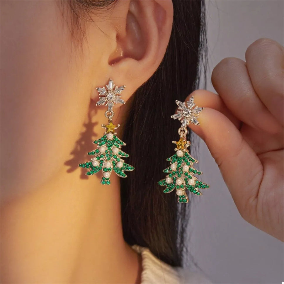 Christmas Tree Snowflake Dangle Earrings
