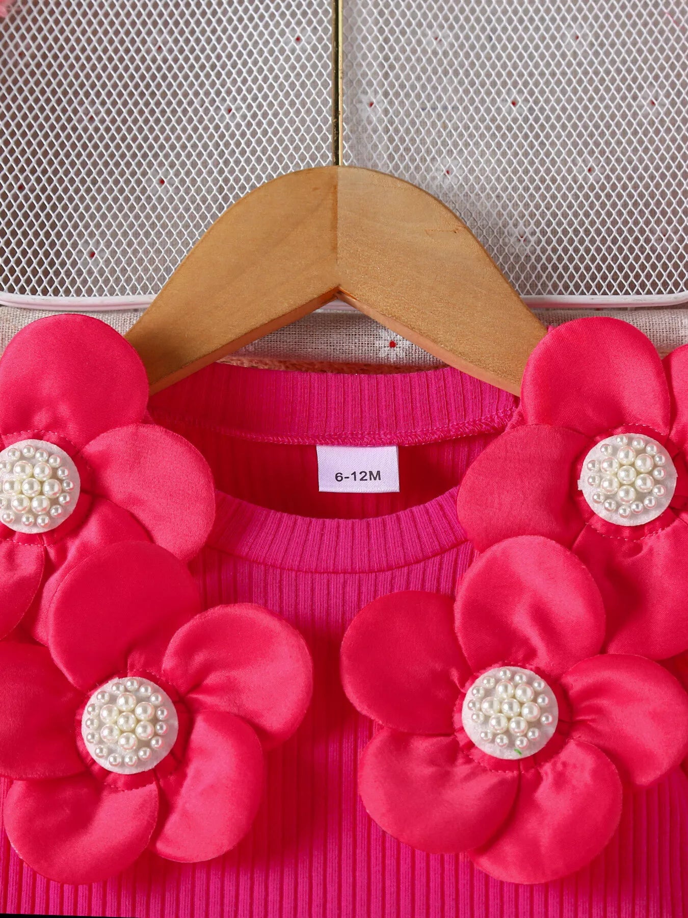 Children's Floral Applique Ribbed Top & Button Decor Skirt Set